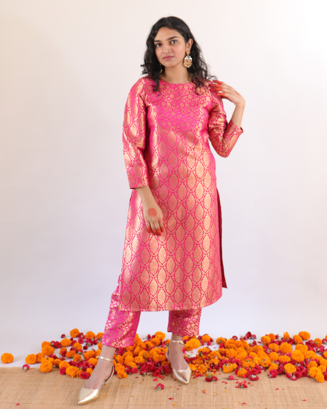 Pink brocade set- Kurta and pants