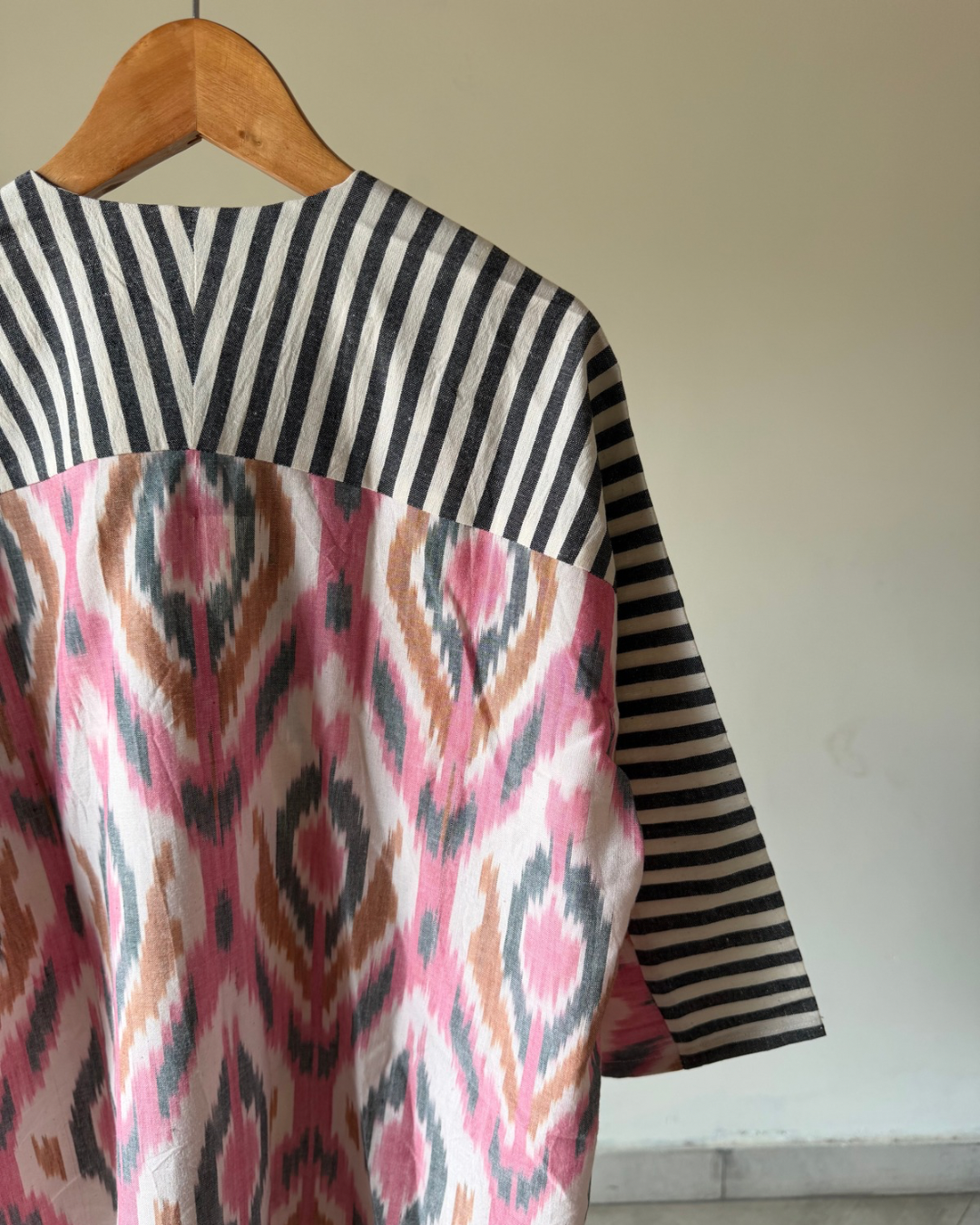 Fly Away Top - pink grey ikkat with stripes