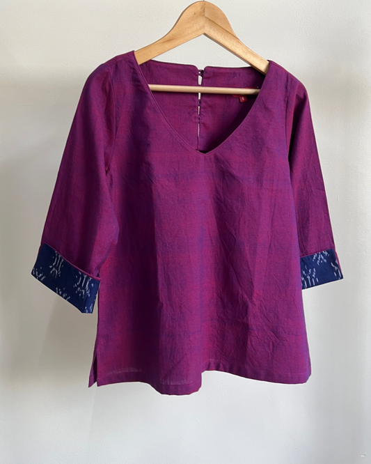 Maya Top - Purple Cotton with Dark Blue White Ikat