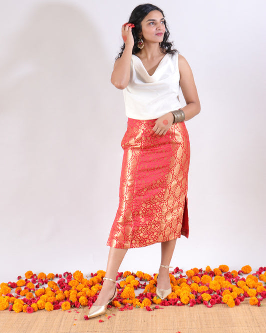 Anya Skirt - Red Banarasi silk brocade