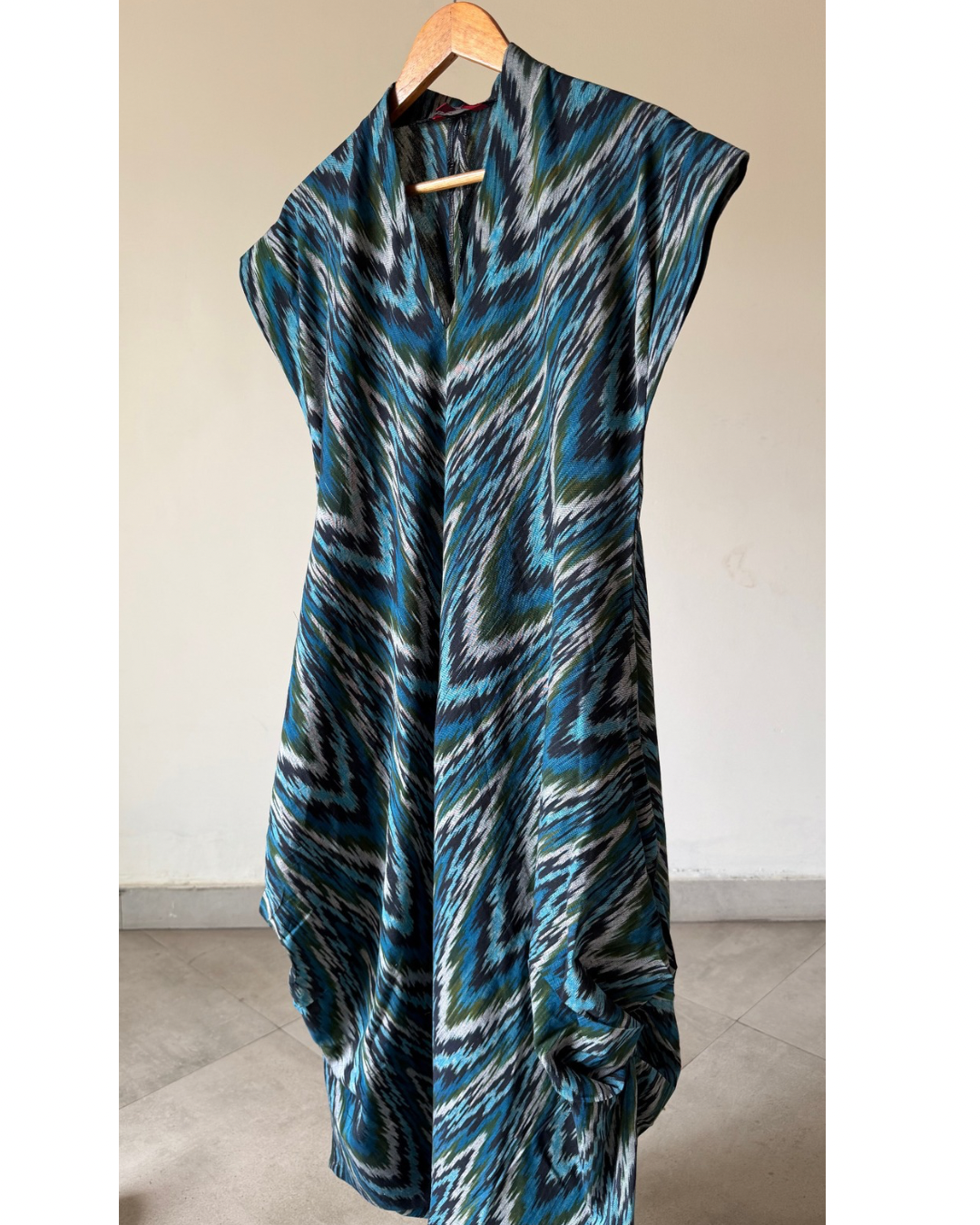 Emy Cowl Dress - blue green zig zag ikkat