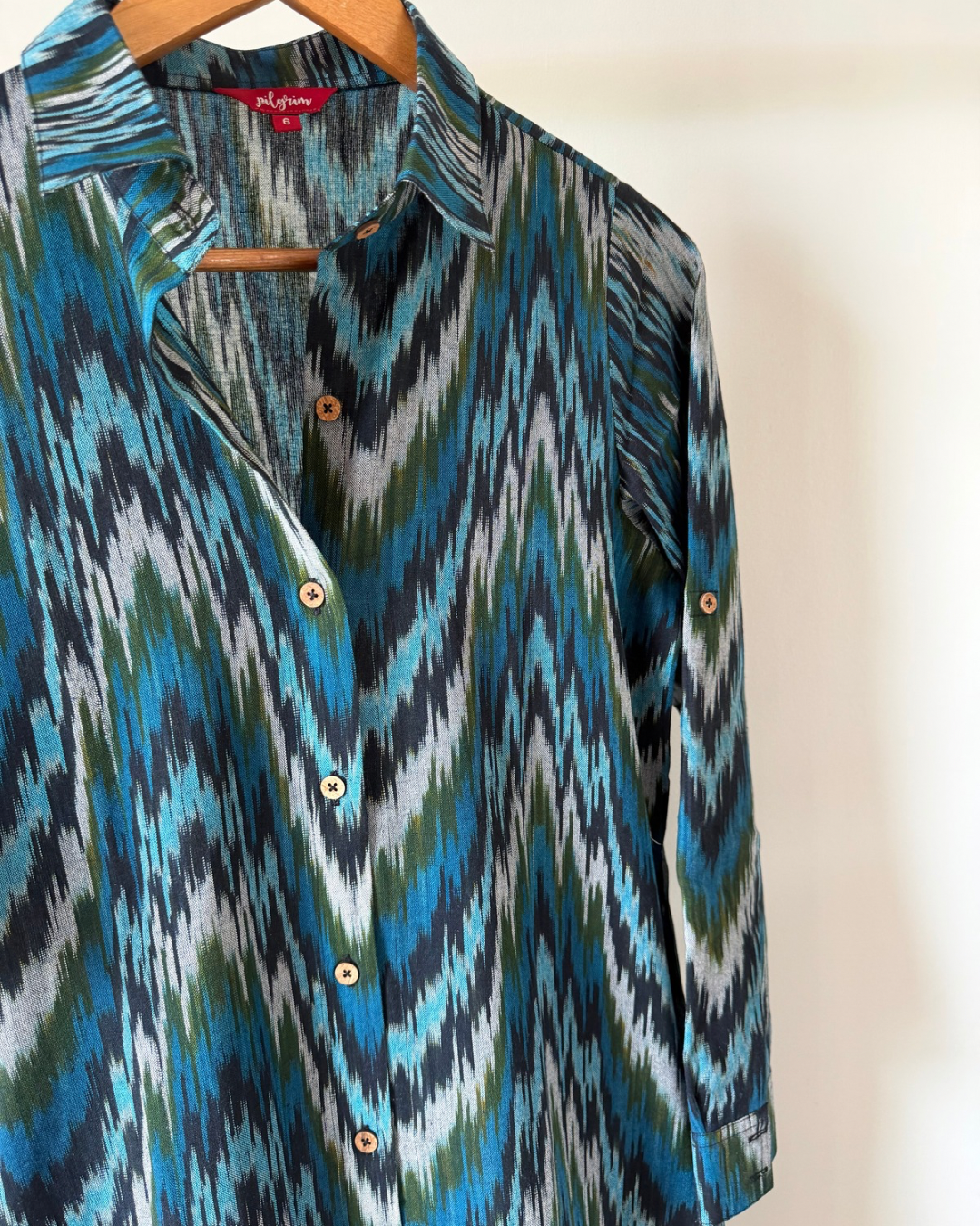 The Long Shirt Dress -  blue green zig zag ikkat