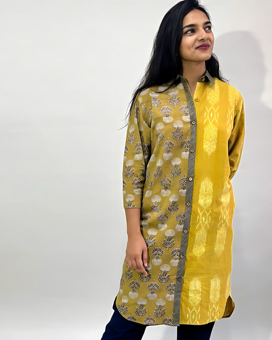 Shirt Dress - Canary Ikat/Mustard Block Print with Stripes