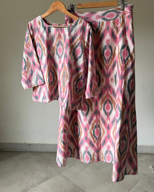 Nila Skirt and top - pink white ikkat