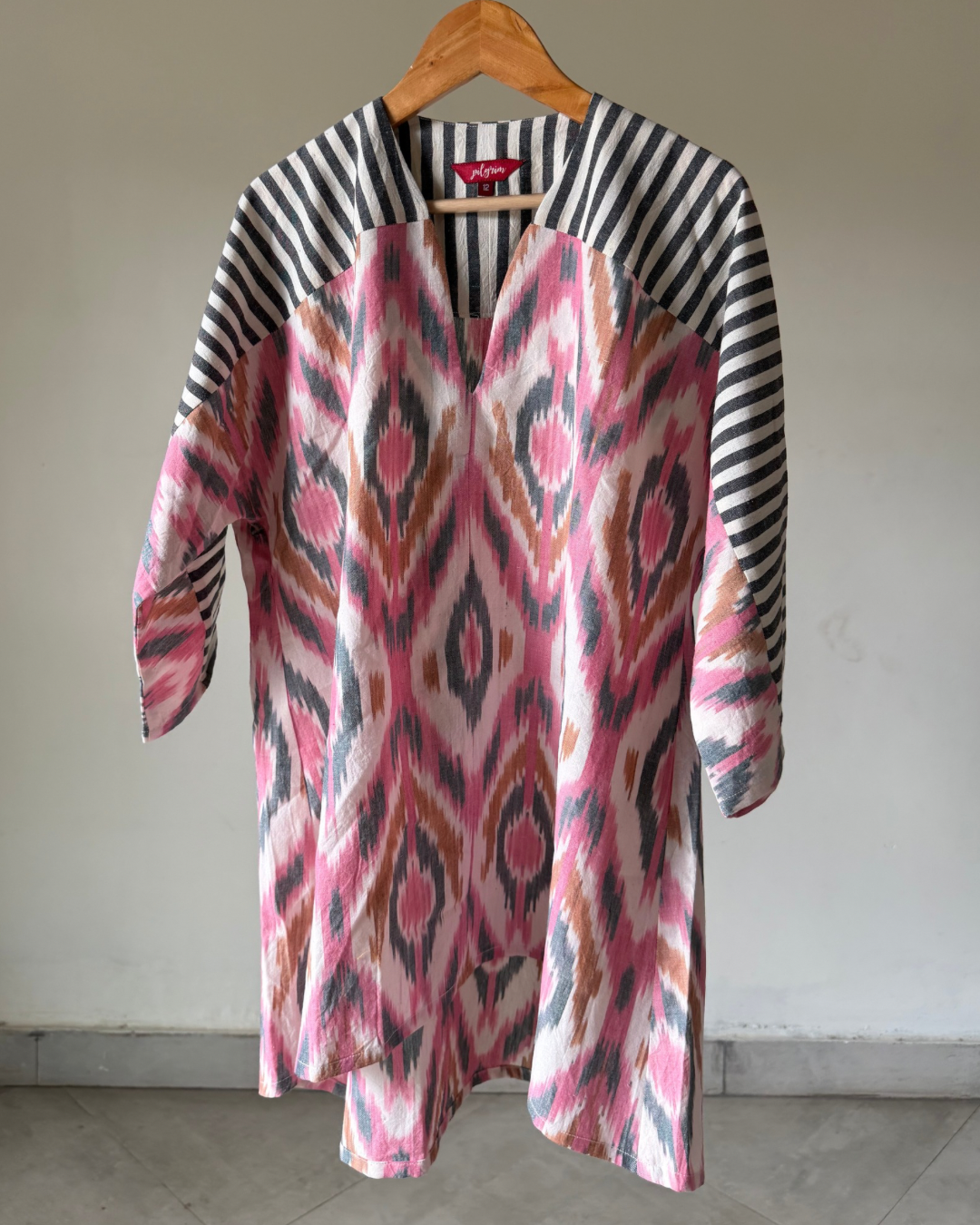 Fly Away Top - pink grey ikkat with stripes