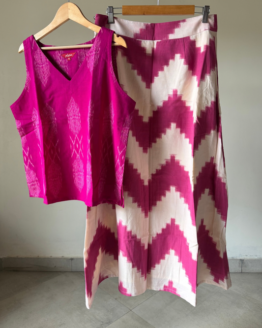 Nila Skirt zig zag ikkat with  Pink ikkat top - Set