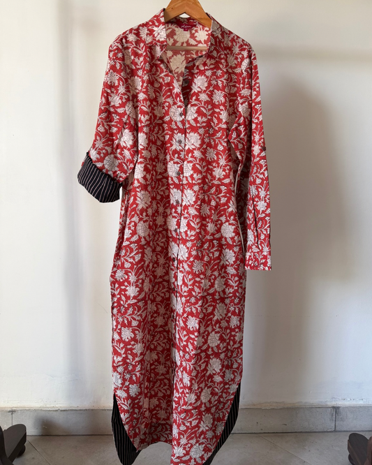 The Long Shirt Dress - Red flower block print