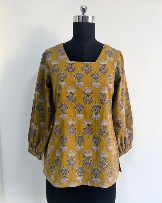 Luna Top - Light Mustard Block Print