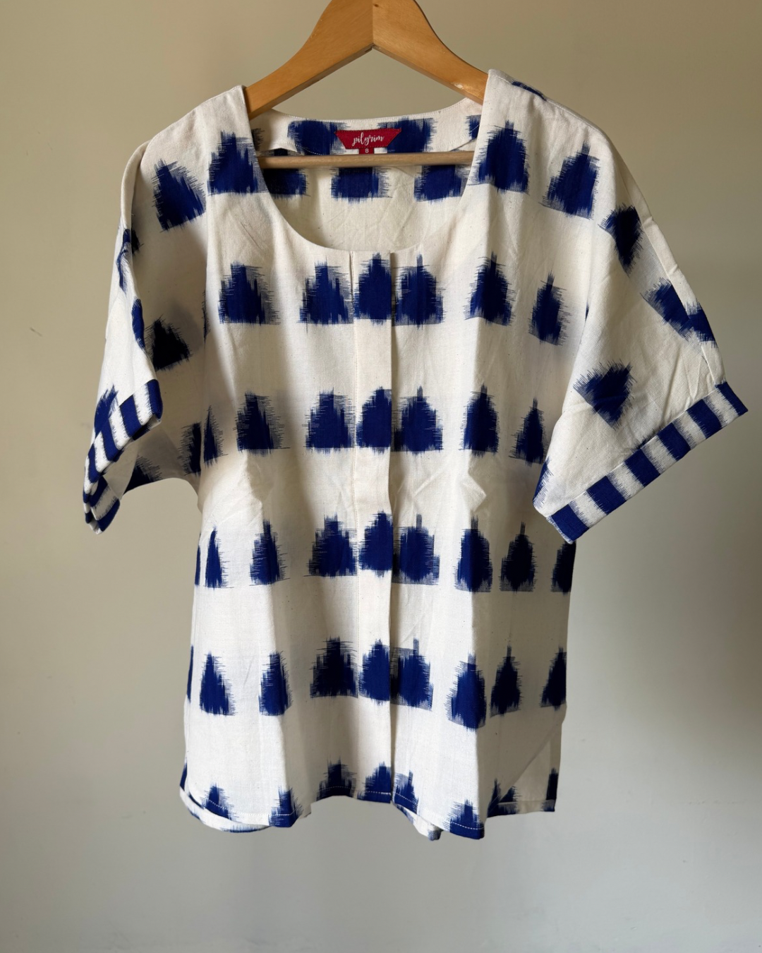 Devi Shirt (round neck)- white indigo ikkat