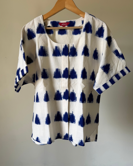 Devi Shirt (round neck)- white indigo ikkat
