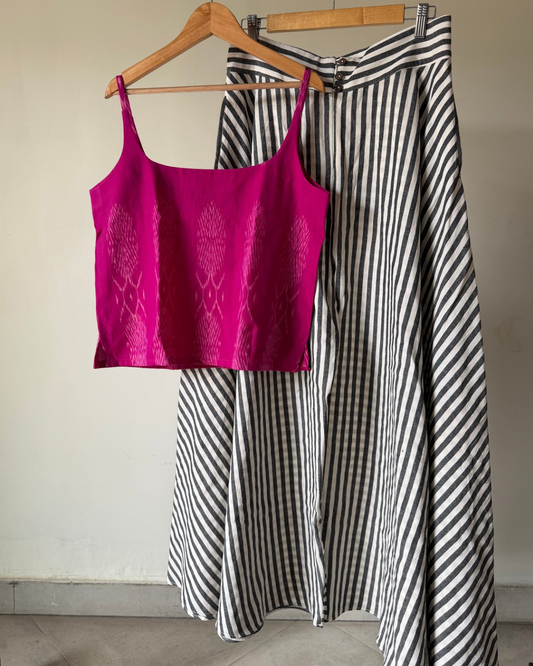 Pink ikkat top and  Striped Laya Flared pant set