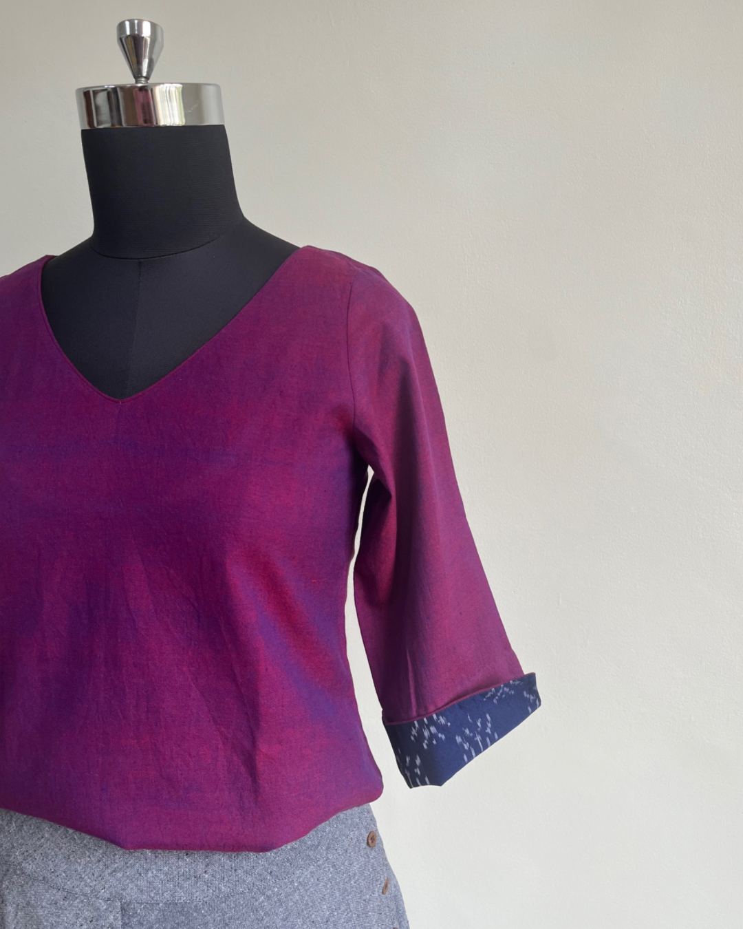 Maya Top - Purple Cotton with Dark Blue White Ikat