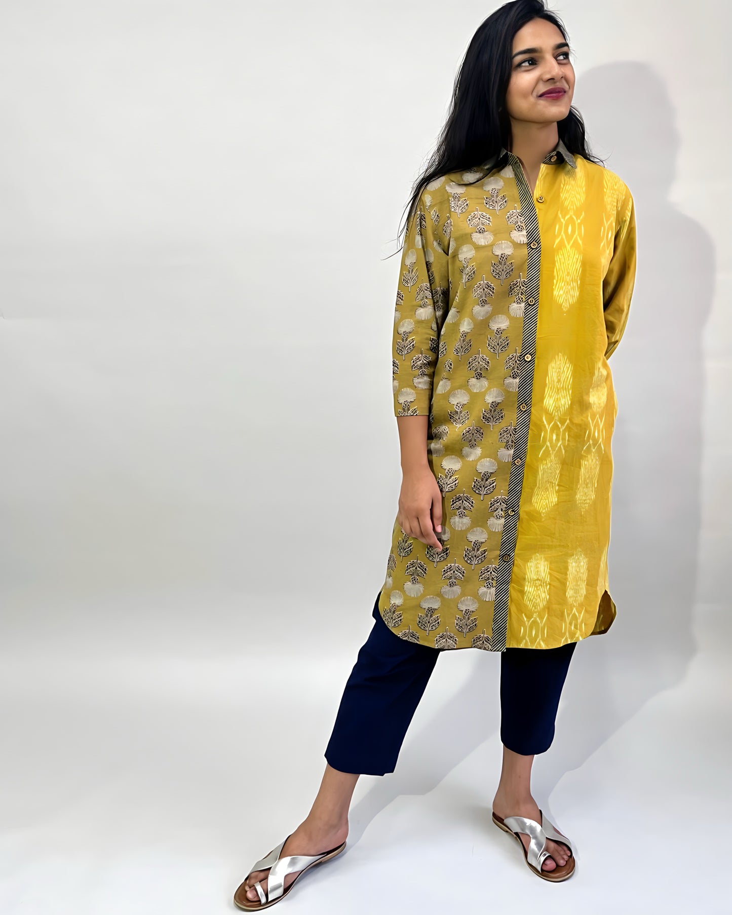Shirt Dress - Canary Ikat/Mustard Block Print with Stripes
