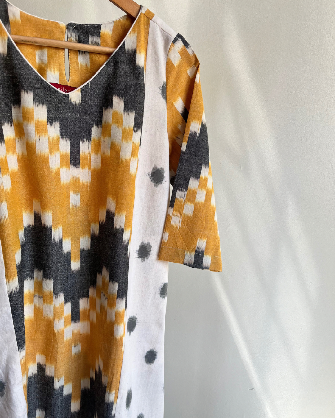 Minakshi Dress - Off White Ikat with Yellow Grey Ikat