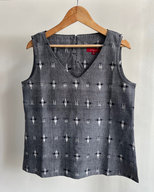 Maya Top - Grey Black White Ikat