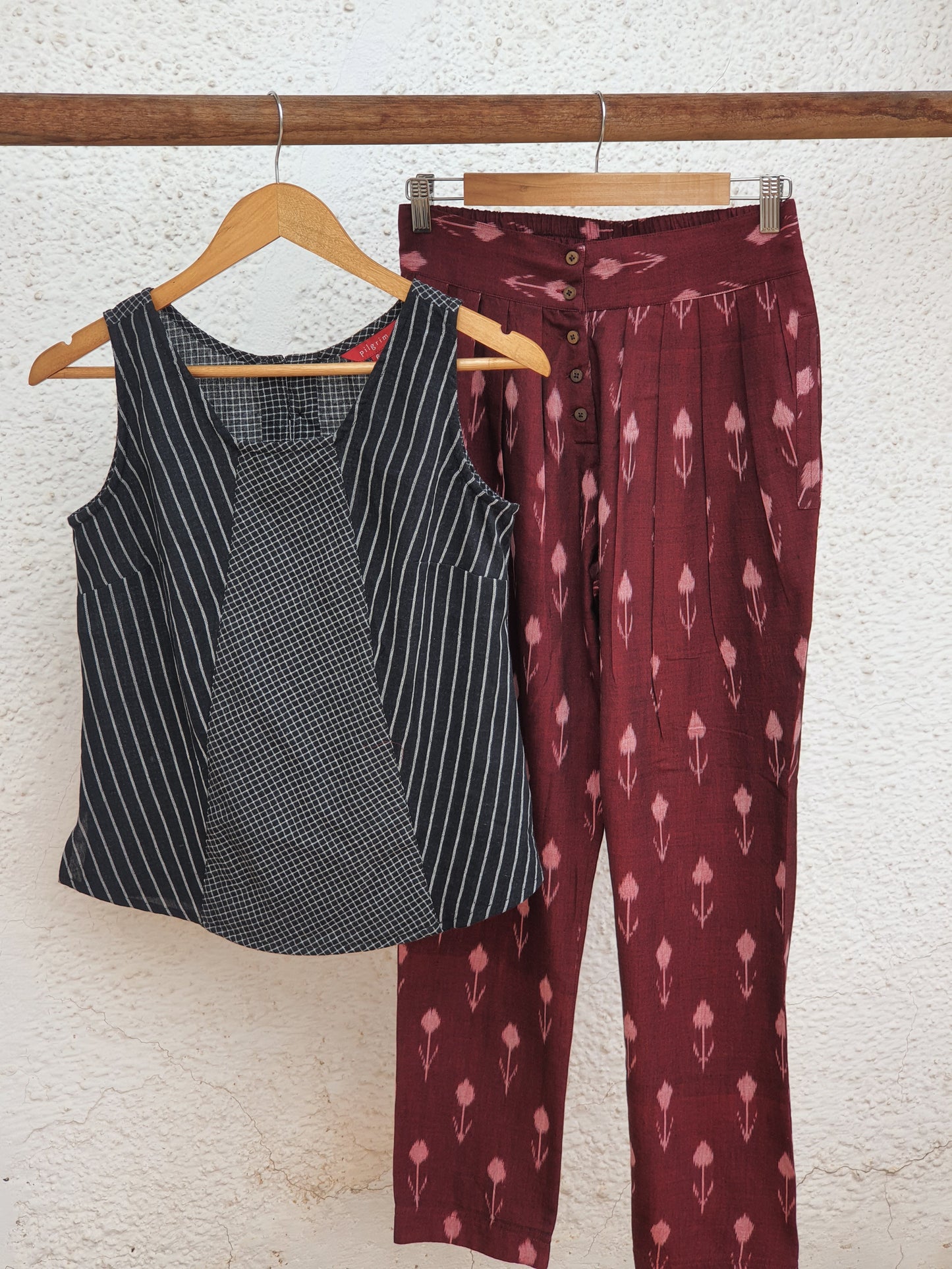 image of the summer top in black white with sail edit pants in maroon ikkat