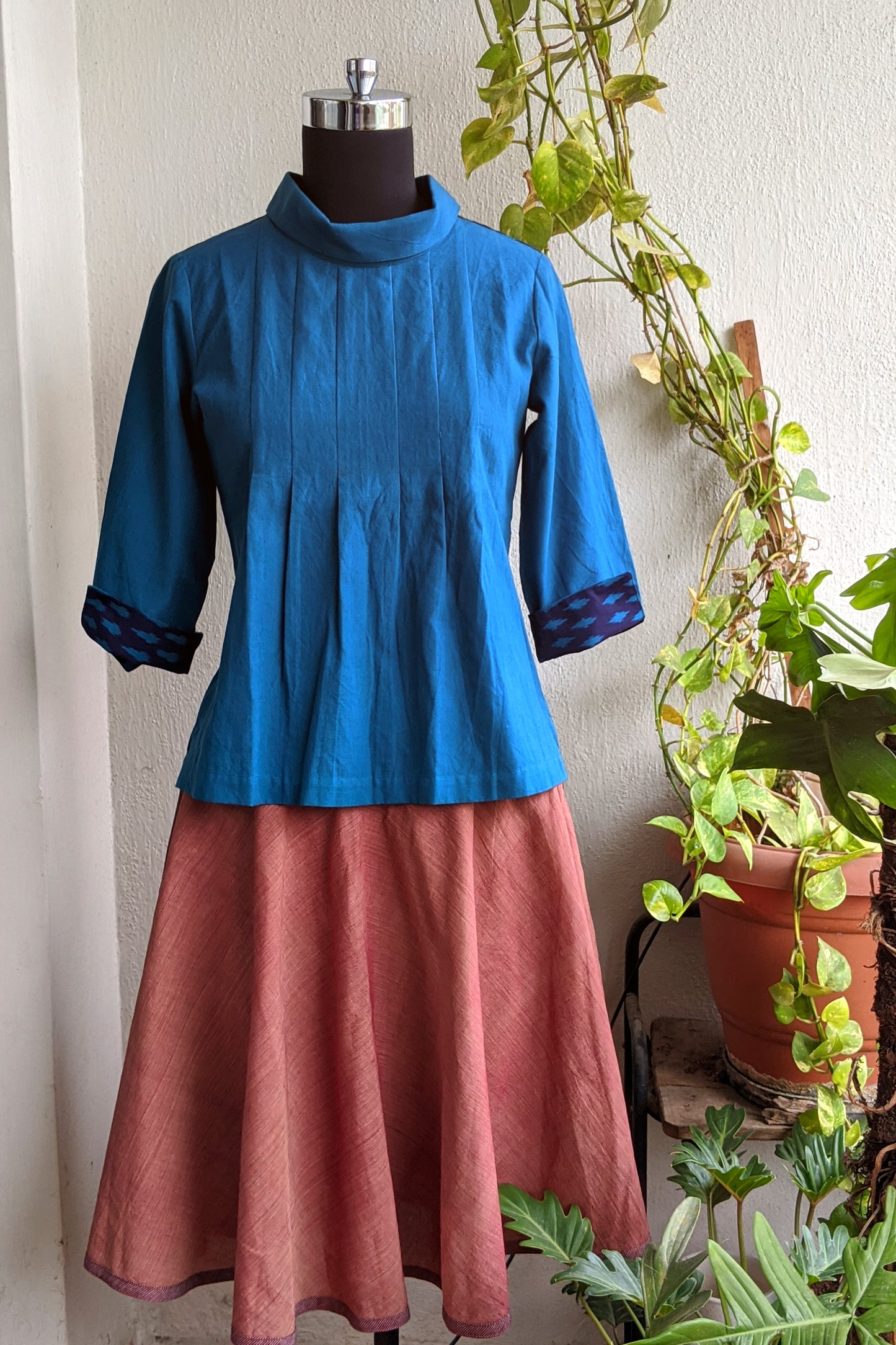 Filter Coffee Top -  Blue Cotton with Dark Blue Cotton with Ikkat