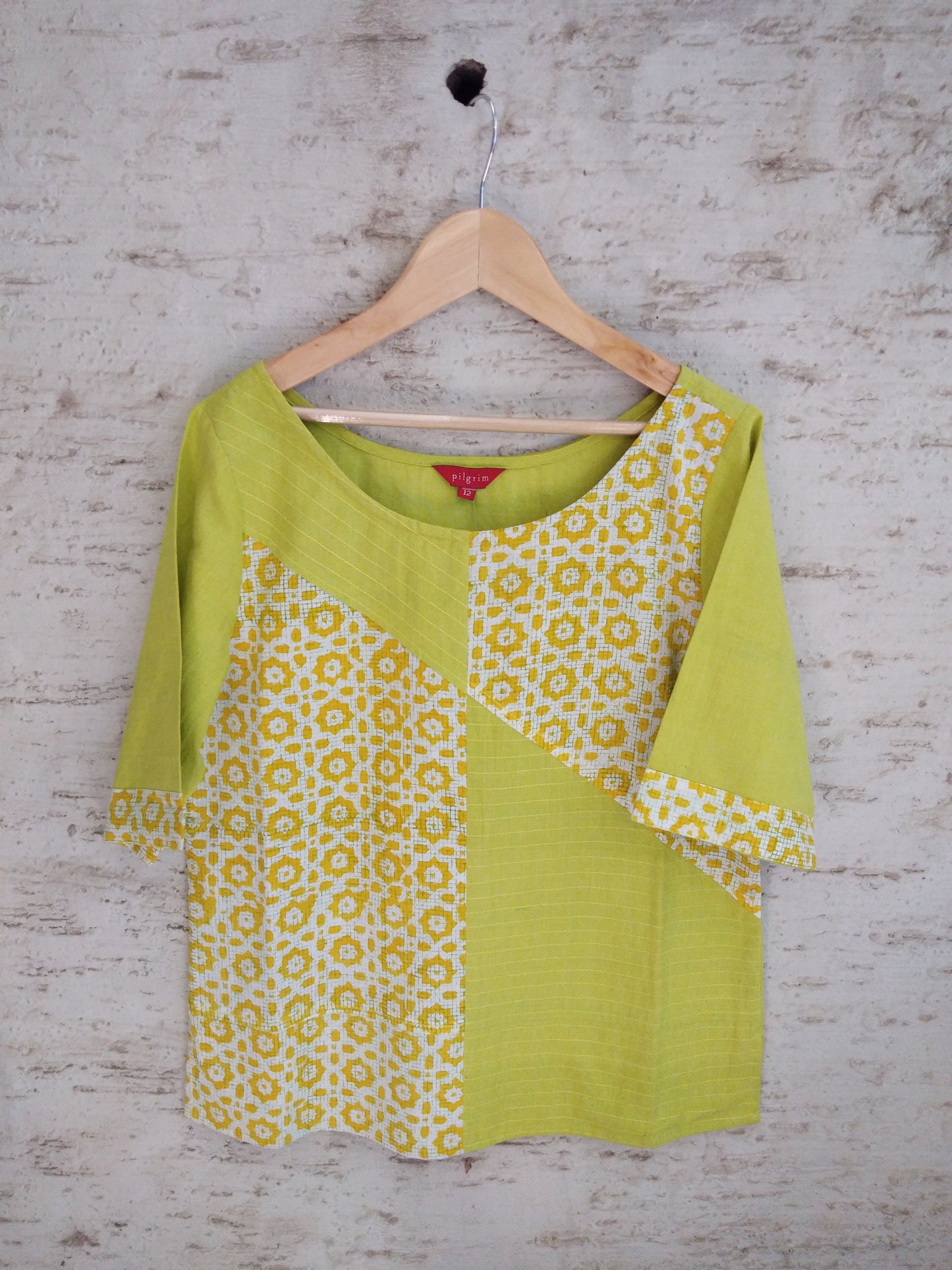 Ketaki Top - Neon Green Cotton with Yellow Block