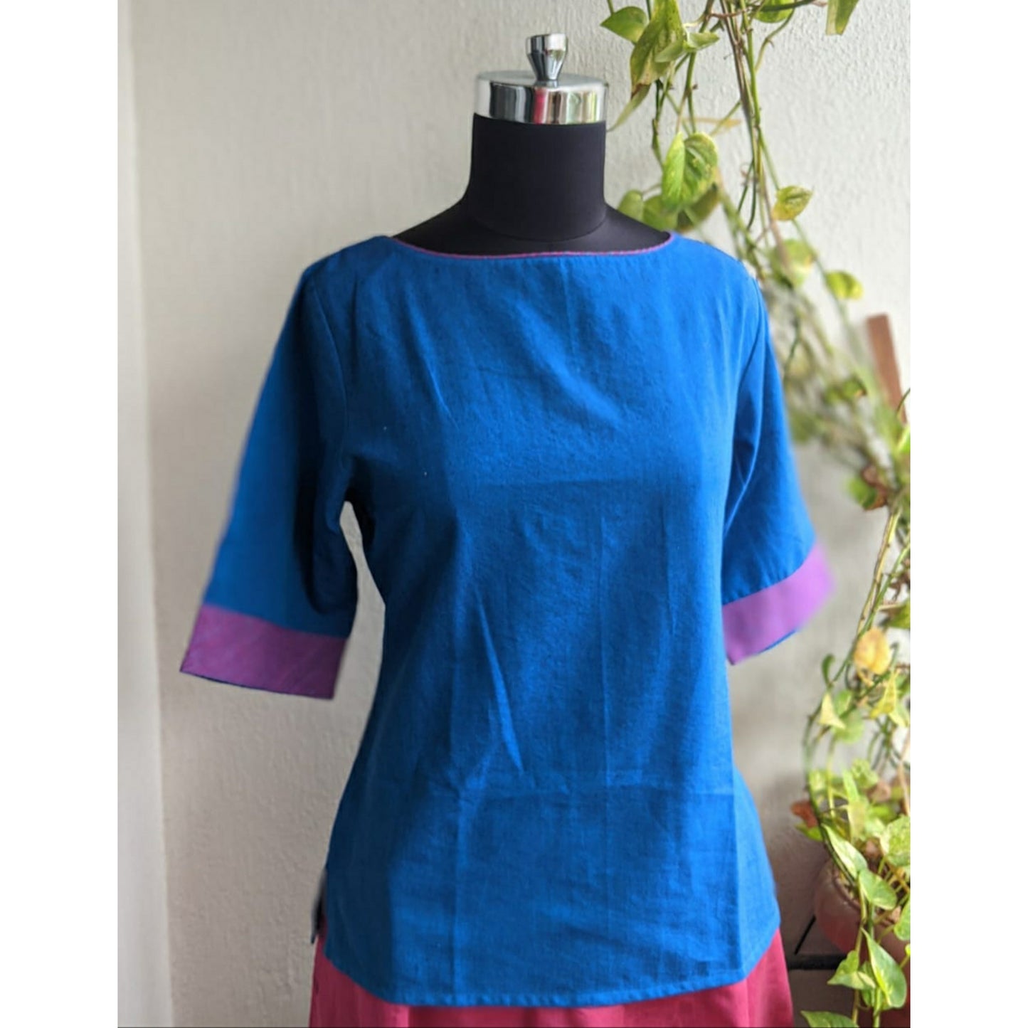 Uttara Top -  Blue Cotton with Purple Striped Trim