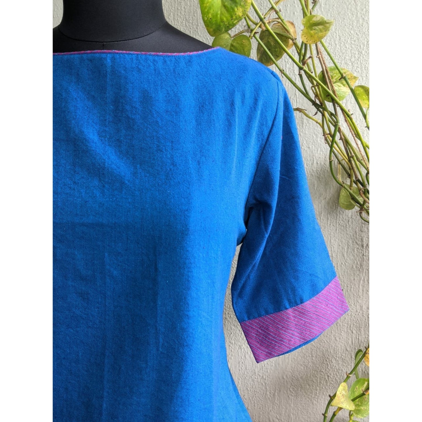 Uttara Top -  Blue Cotton with Purple Striped Trim