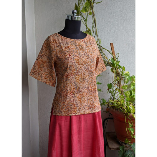 Ketaki Top - Cream Mustard Red Kalamkari.