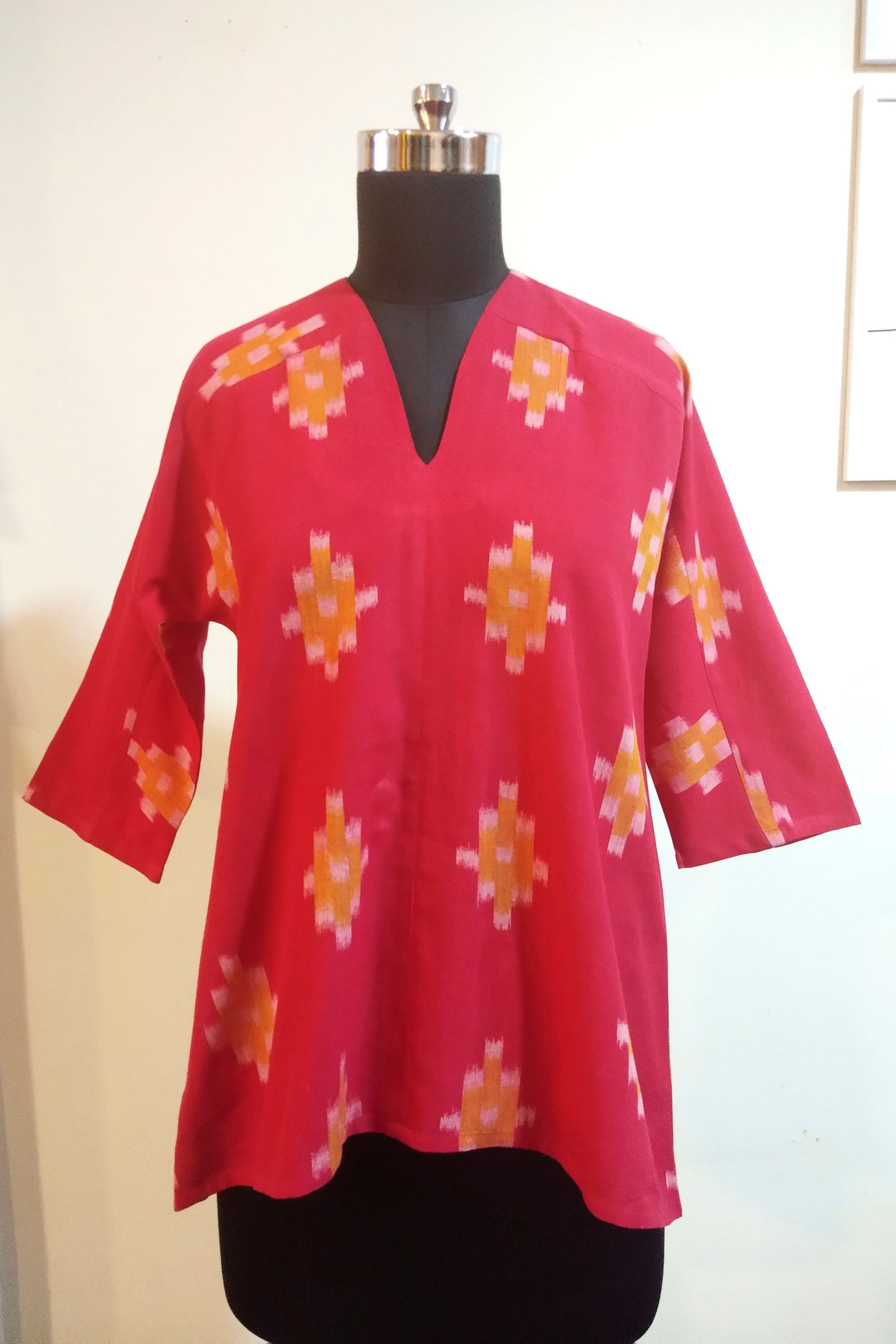 Fly Away Top - Red Yellow Geometric Ikat