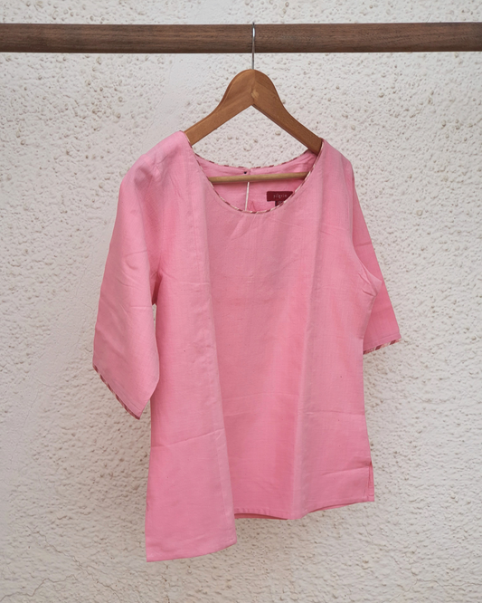 Antara Top - Light Pink Cotton with Ikat Trim
