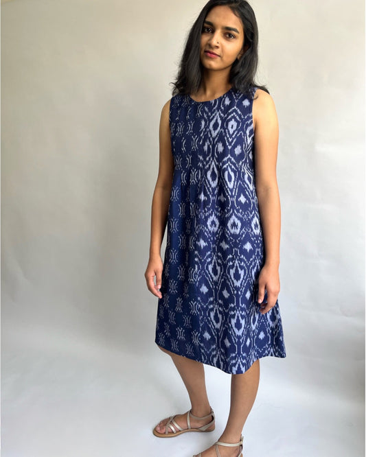 Kalyani Dress - Dark Blue White Ikat