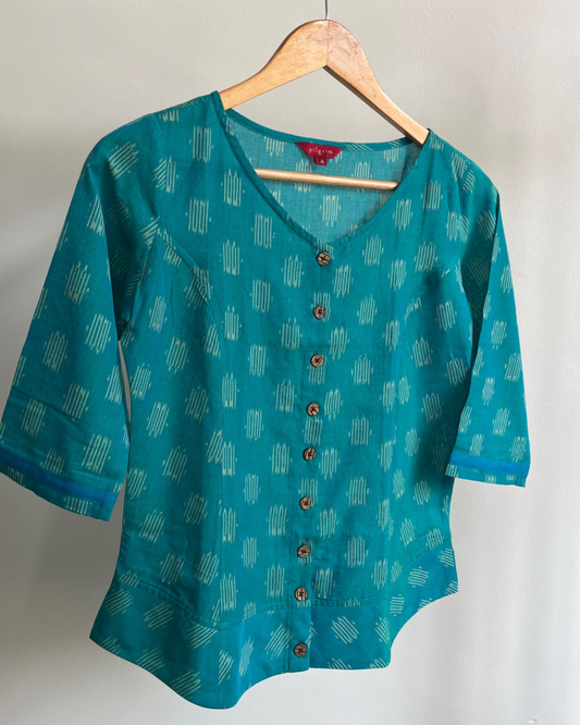 Butterfly Jacket Sleeved Top - Cyan Ikat