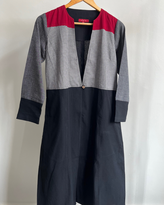 Mridul Jacket - Black and Grey Cotton with Red Trim.